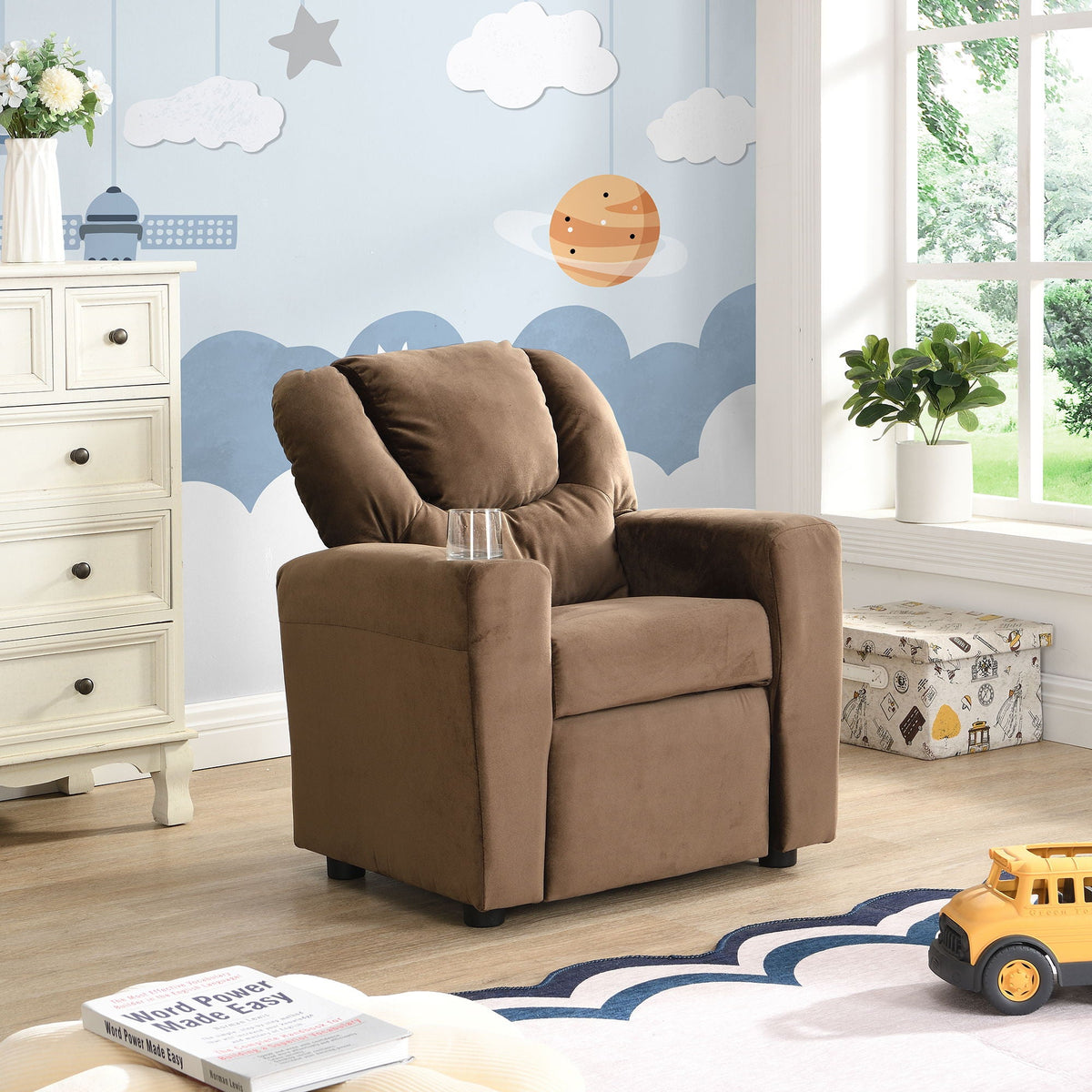 Kids Recliner Chair, Kids Upholstered Couch with Two Cup Holder, Footrest, Backrest