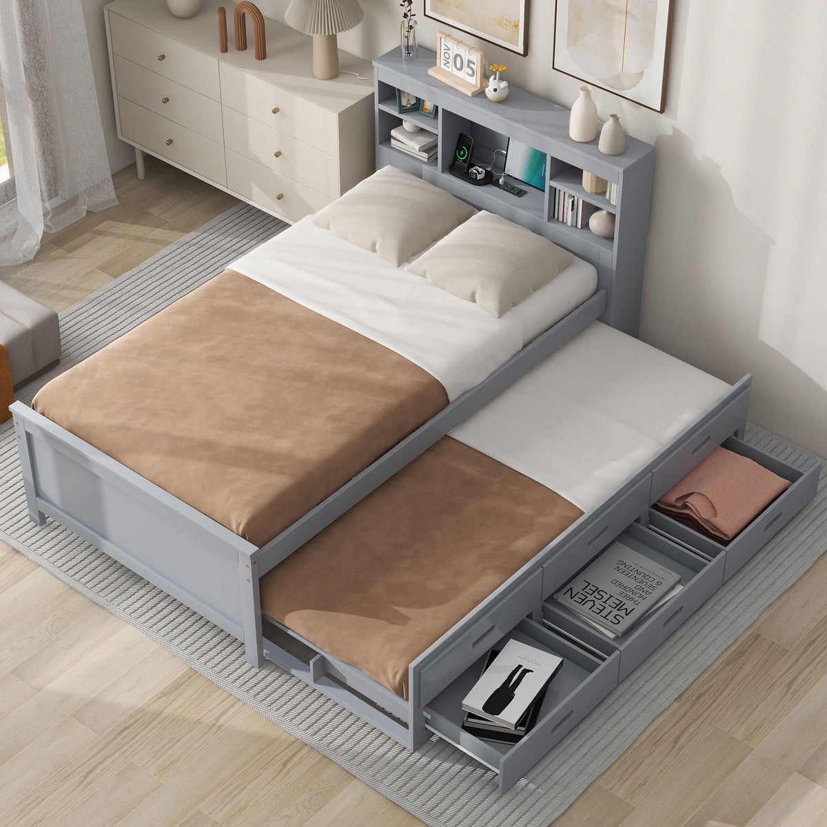 Platform Bed with Storage Headboard, USB, Trundle & 3 – Drawer