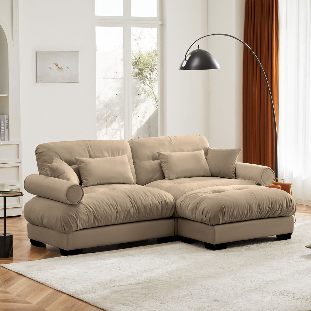 Modern Sectional Sofa with Ottoman, Round Bolster Armrests, Waist & Throw Pillows