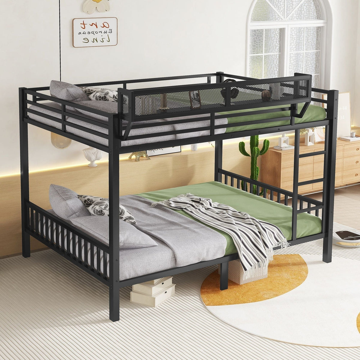 Queen Over Queen Bunk Bed with Ladder & Storage Shelf – Black