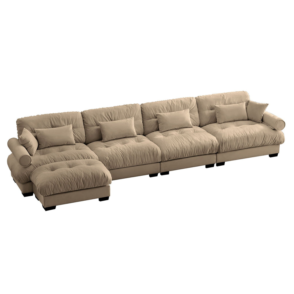 Modern Sectional Sofa with Ottoman, Round Bolster Armrests, Waist & Throw Pillows