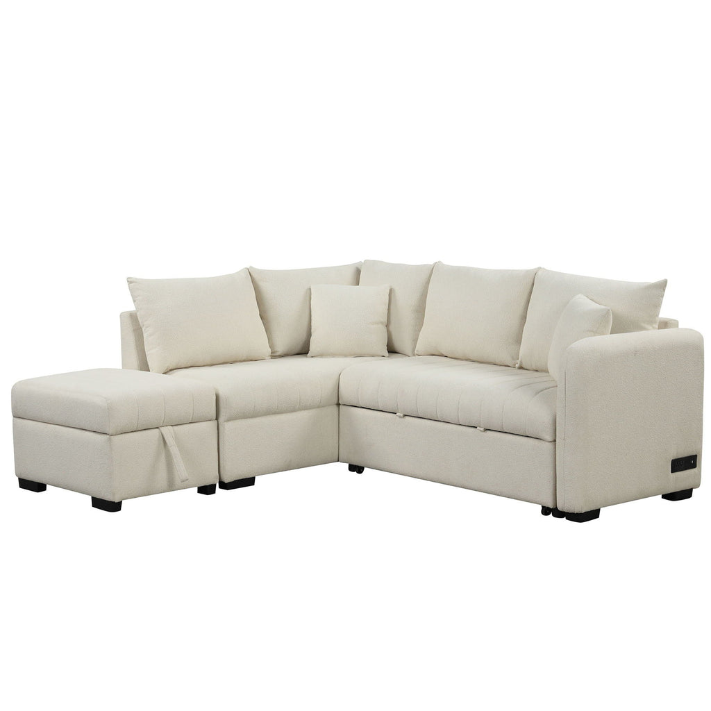 L-Shaped Sectional Pull Out Sofa Bed Sleeper Sofa with Two USB Ports