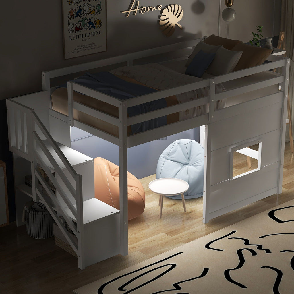 Loft Bed with Storage Staircase, Window & LED Light