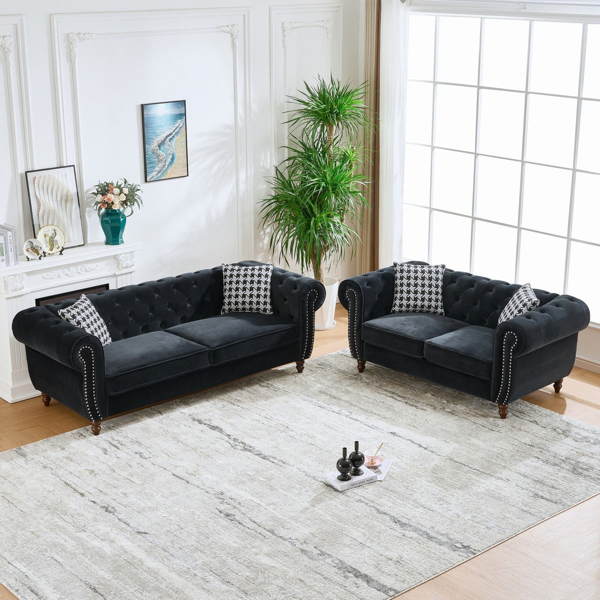 Chesterfield 3 & 2-Seater Upholstery Sofa with Roll Armrest & Nailhead Fabric Couch