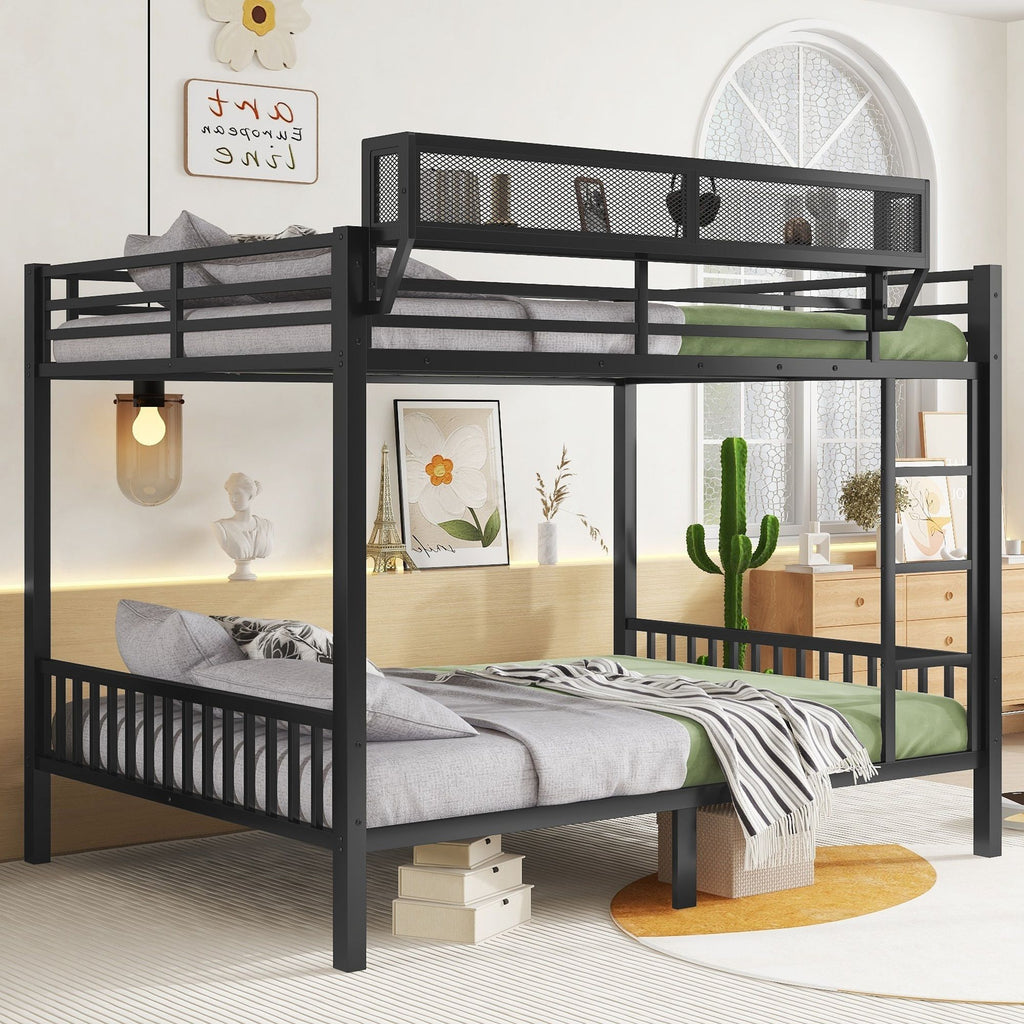 Queen Over Queen Bunk Bed with Ladder & Storage Shelf – Black