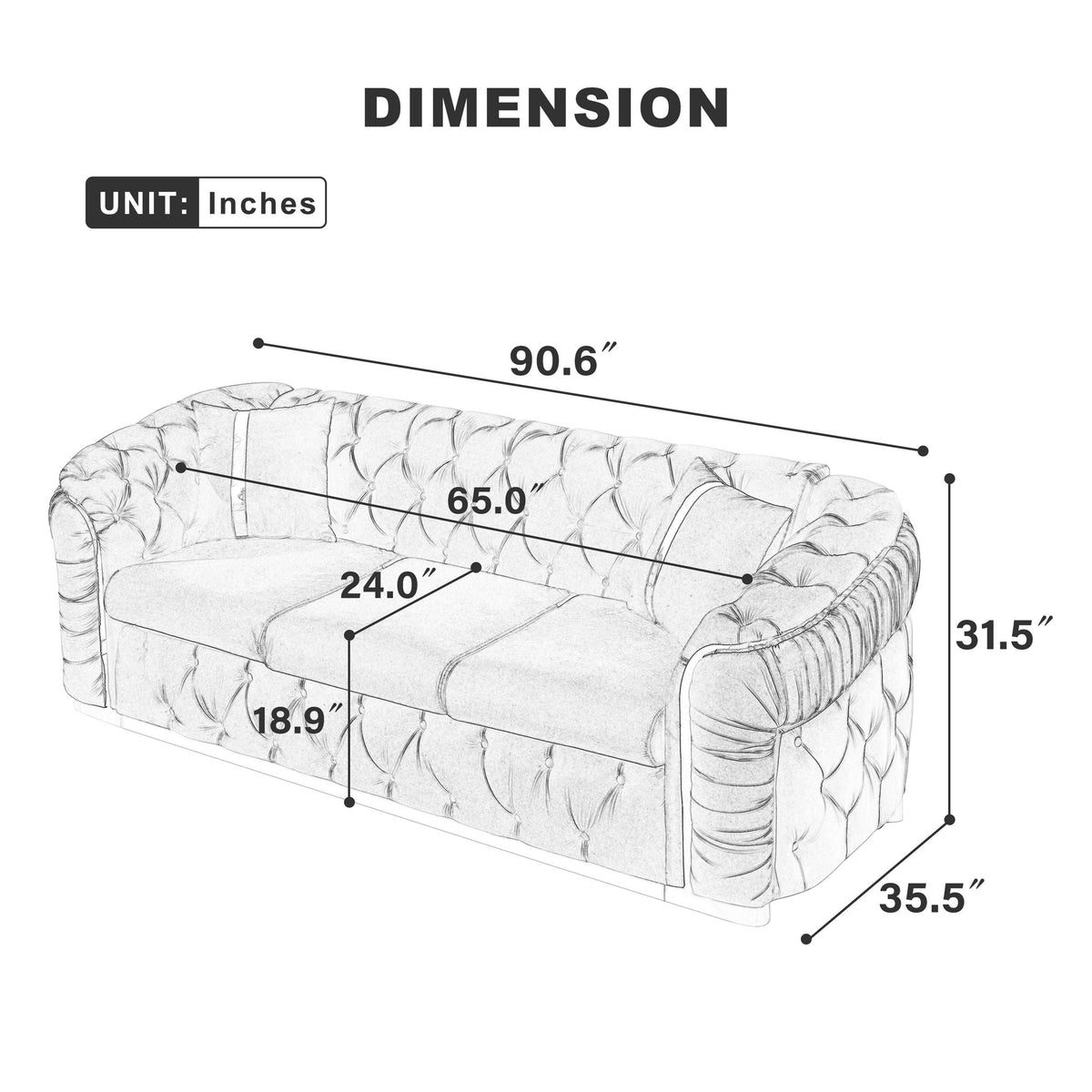 Button Tufted Couch with 2 Pillows, 3-Seater Luxury Chesterfield Sofa
