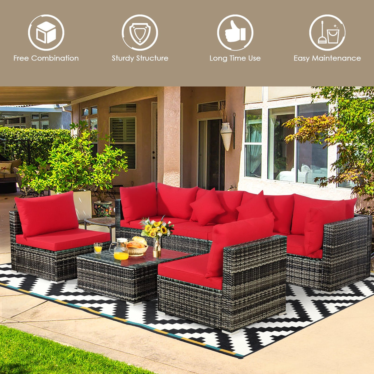 7-Piece Patio Rattan Furniture Set Sectional Sofa Garden Cushion