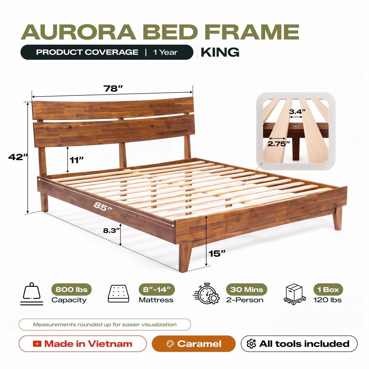 Aurora Solid Wood Bed Frame