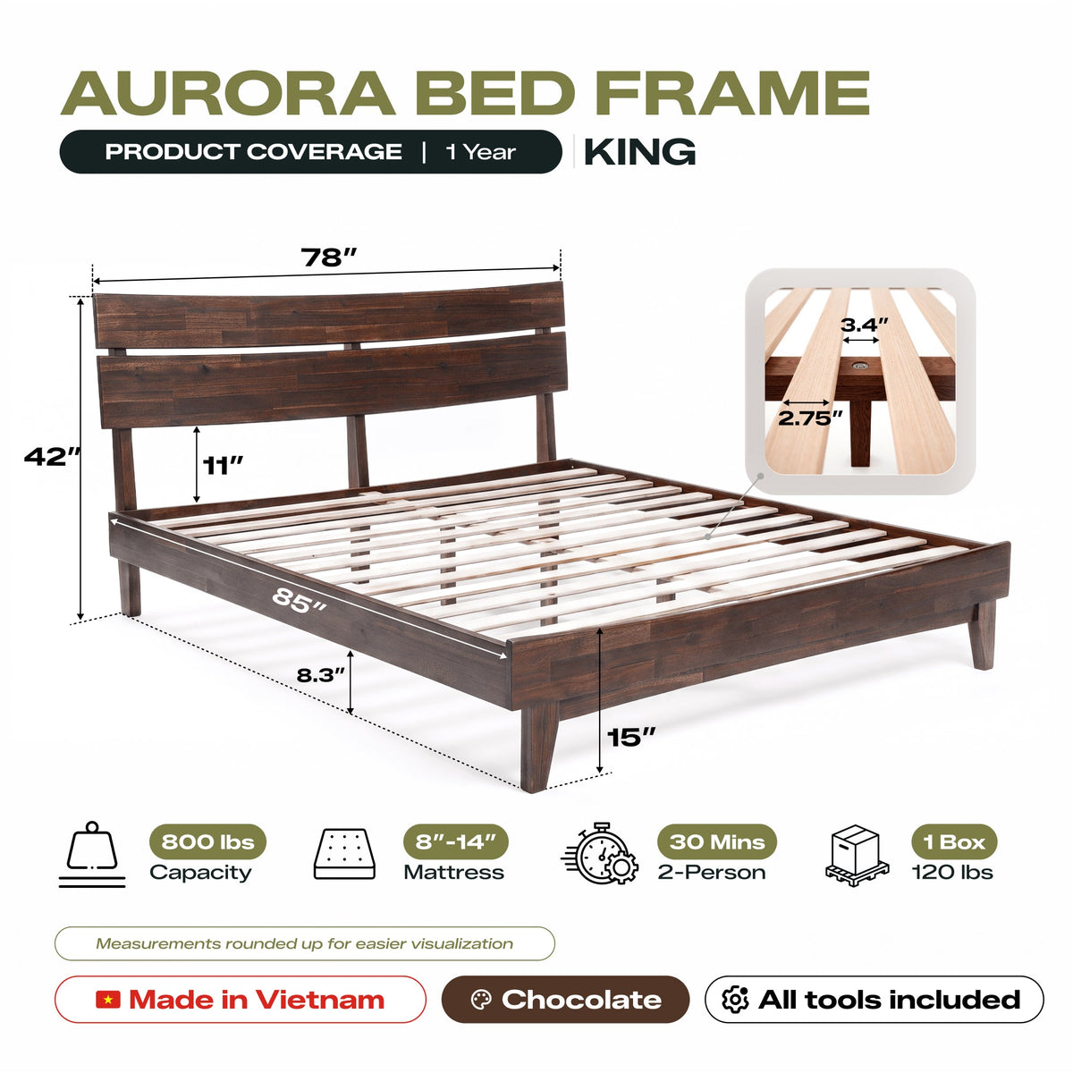 Aurora Solid Wood Bed Frame