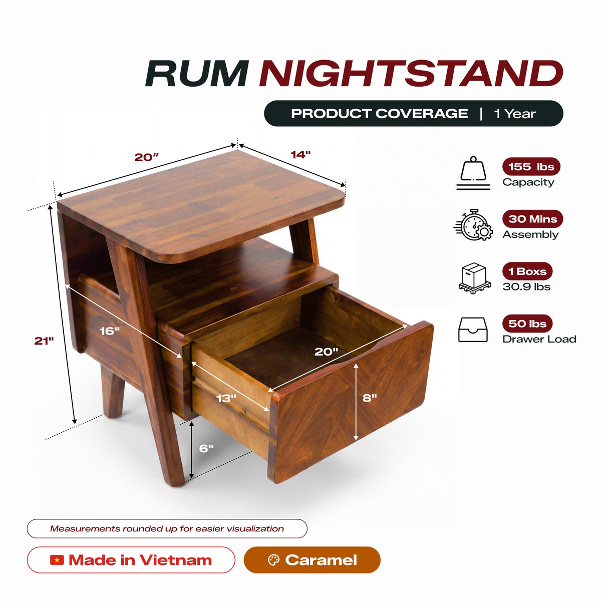 Rum Handcrafted Solid Wood Nightstand