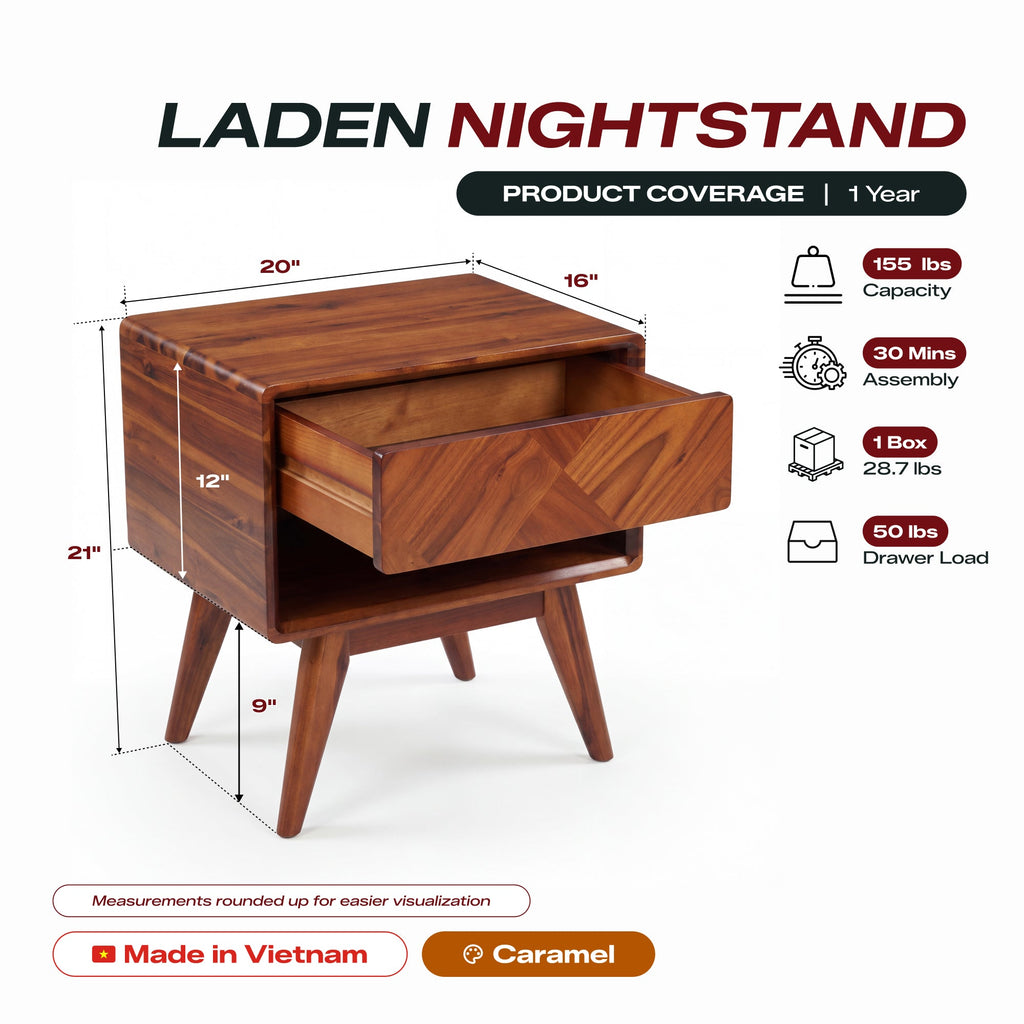 Laden Handcrafted Solid Wood Nightstand
