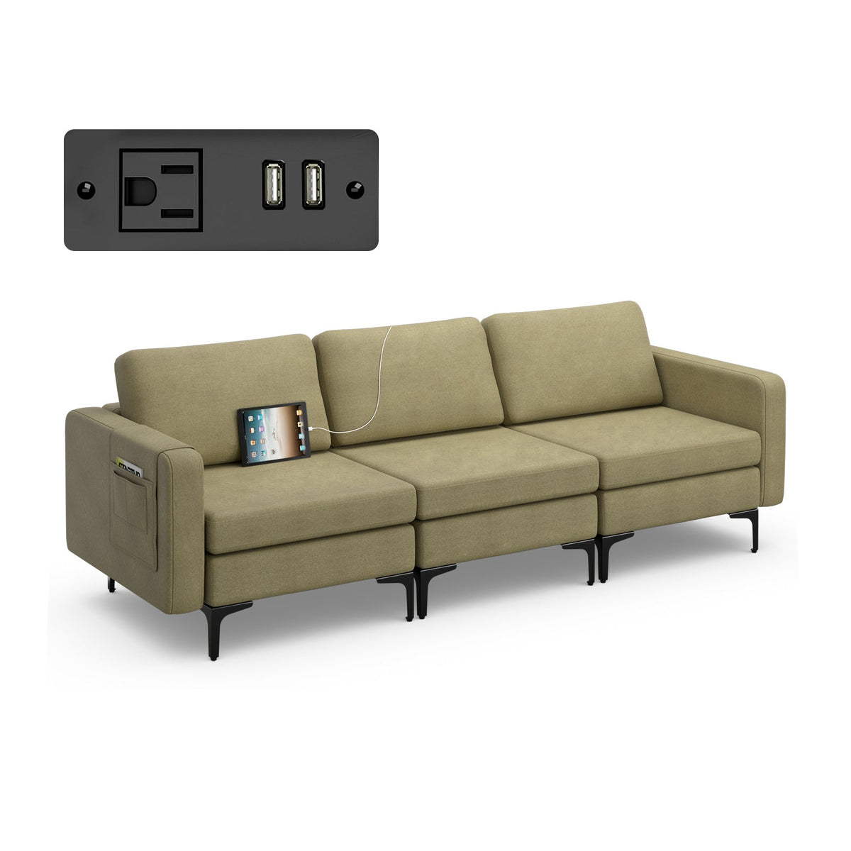 Convertible Leather Sofa Couch with Magazine Pockets 3-Seat with 2 USB Port
