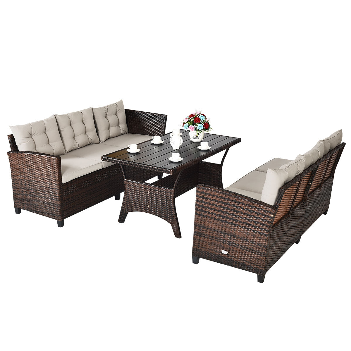 3-Piece Hand-Woven Rattan Outdoor Sofa Set with Dining Table