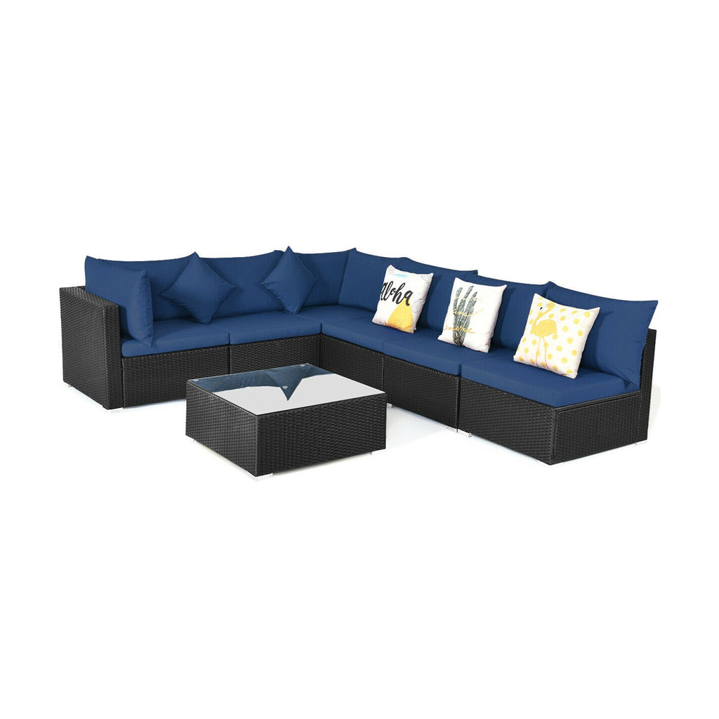 7-Piece Sectional Wicker Furniture Sofa Set with Tempered Glass Top – Red