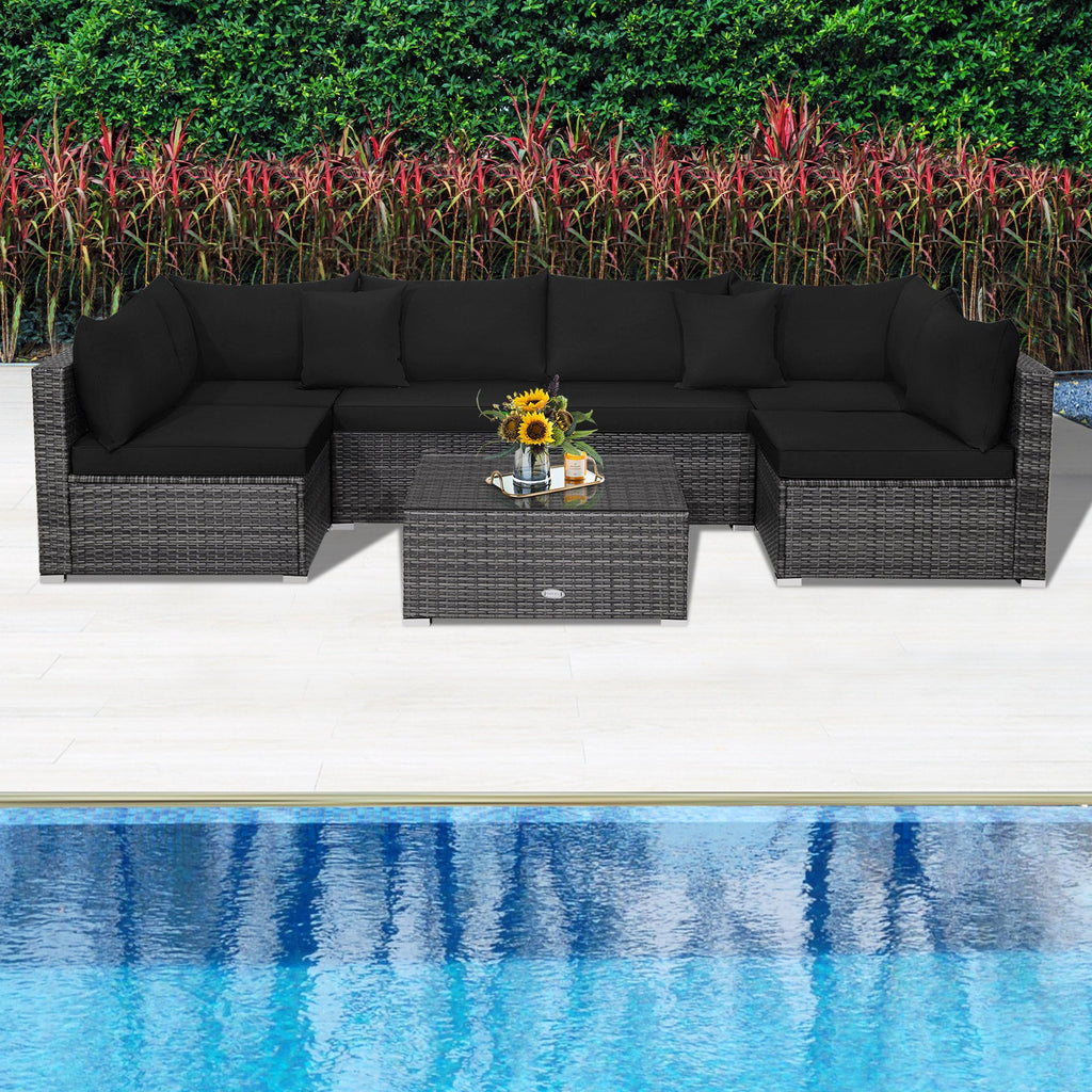7-Piece Patio Rattan Furniture Set Sectional Sofa Garden Cushion