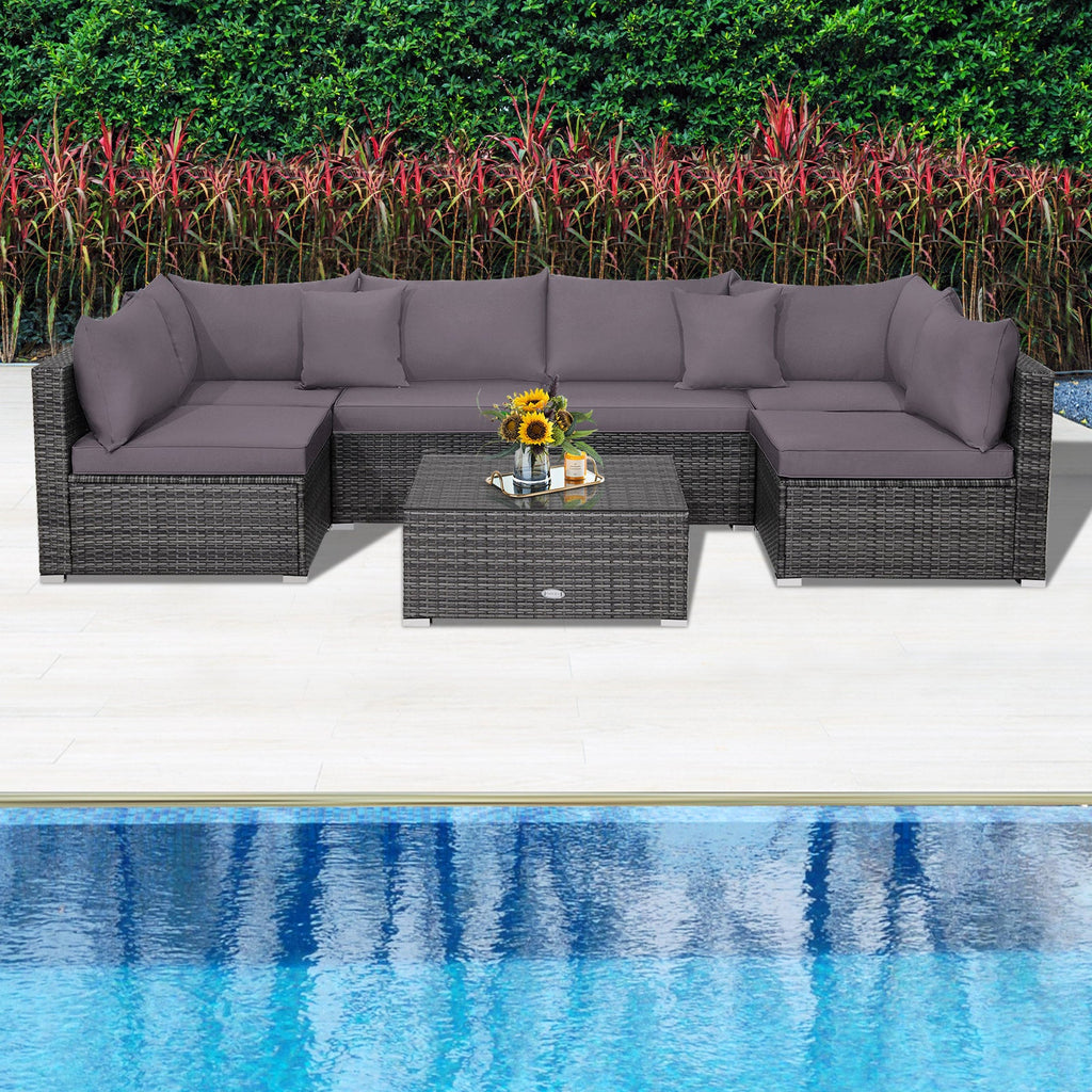 7-Piece Patio Rattan Furniture Set Sectional Sofa Garden Cushion
