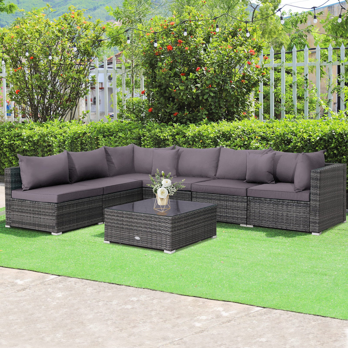 7-Piece Patio Rattan Furniture Set Sectional Sofa Garden Cushion