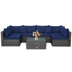7-Piece Patio Rattan Furniture Set Sectional Sofa Garden Cushion