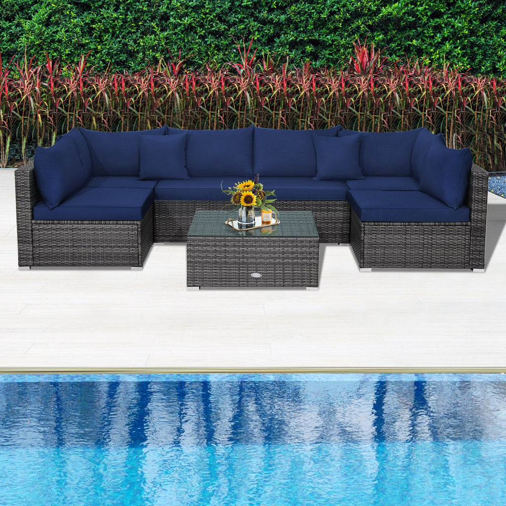 7-Piece Patio Rattan Furniture Set Sectional Sofa Garden Cushion