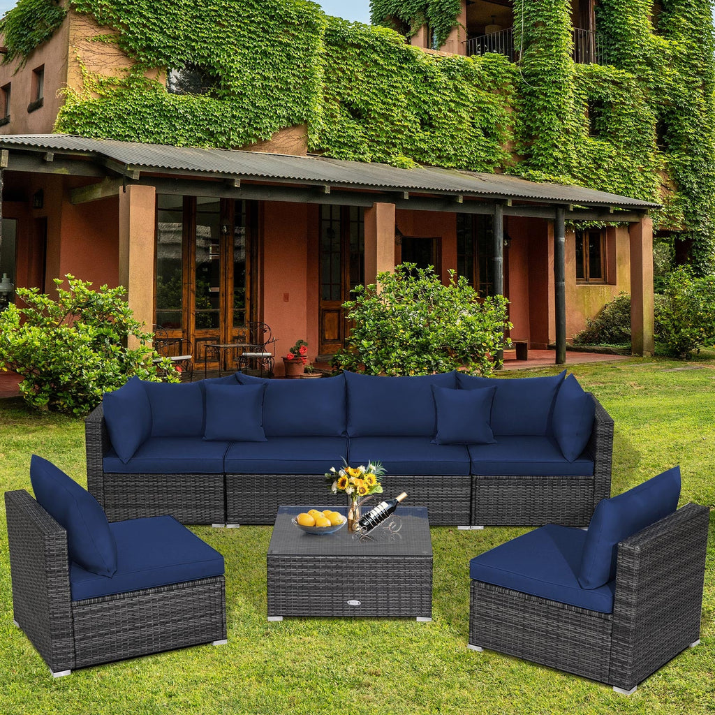 7-Piece Patio Rattan Furniture Set Sectional Sofa Garden Cushion