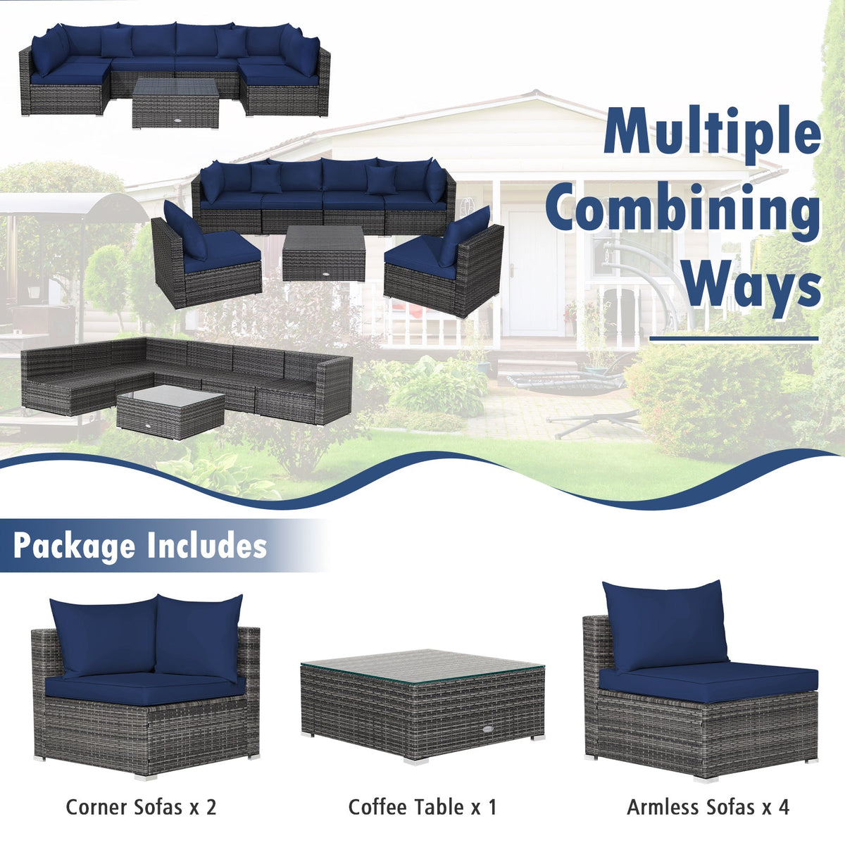 7-Piece Patio Rattan Furniture Set Sectional Sofa Garden Cushion