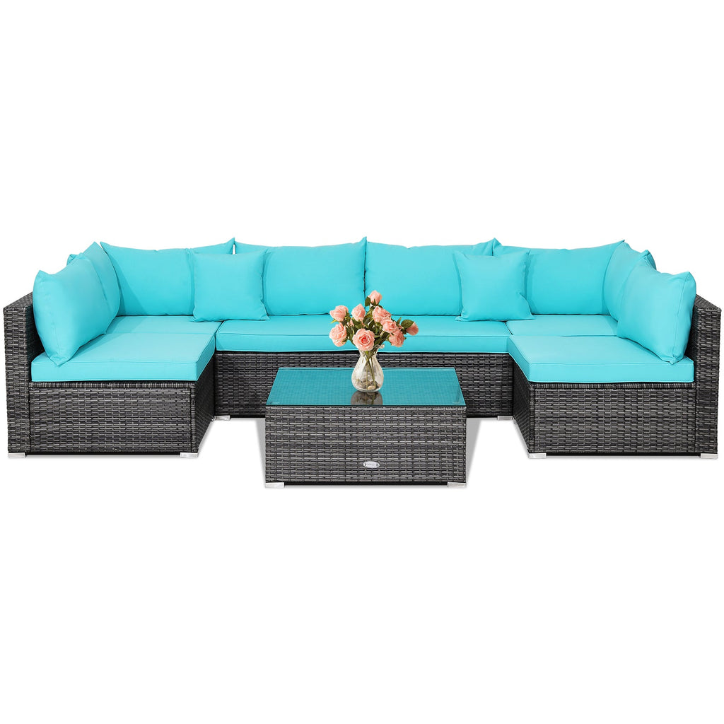7-Piece Patio Rattan Furniture Set Sectional Sofa Garden Cushion