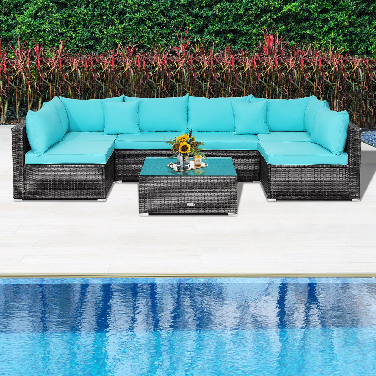 7-Piece Patio Rattan Furniture Set Sectional Sofa Garden Cushion