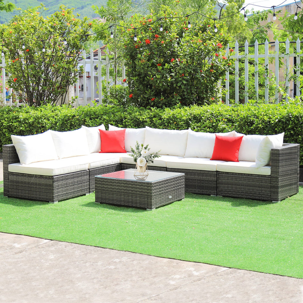 7-Piece Patio Rattan Furniture Set Sectional Sofa Garden Cushion