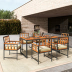 7-Piece Patio Acacia Wood Dining Set with Soft Cushions and Umbrella Hole – Natural