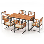 7-Piece Patio Acacia Wood Dining Set with Soft Cushions and Umbrella Hole – Natural