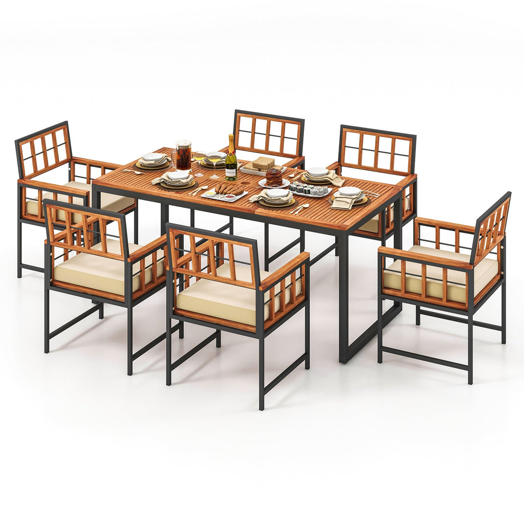 7-Piece Patio Acacia Wood Dining Set with Soft Cushions and Umbrella Hole – Natural