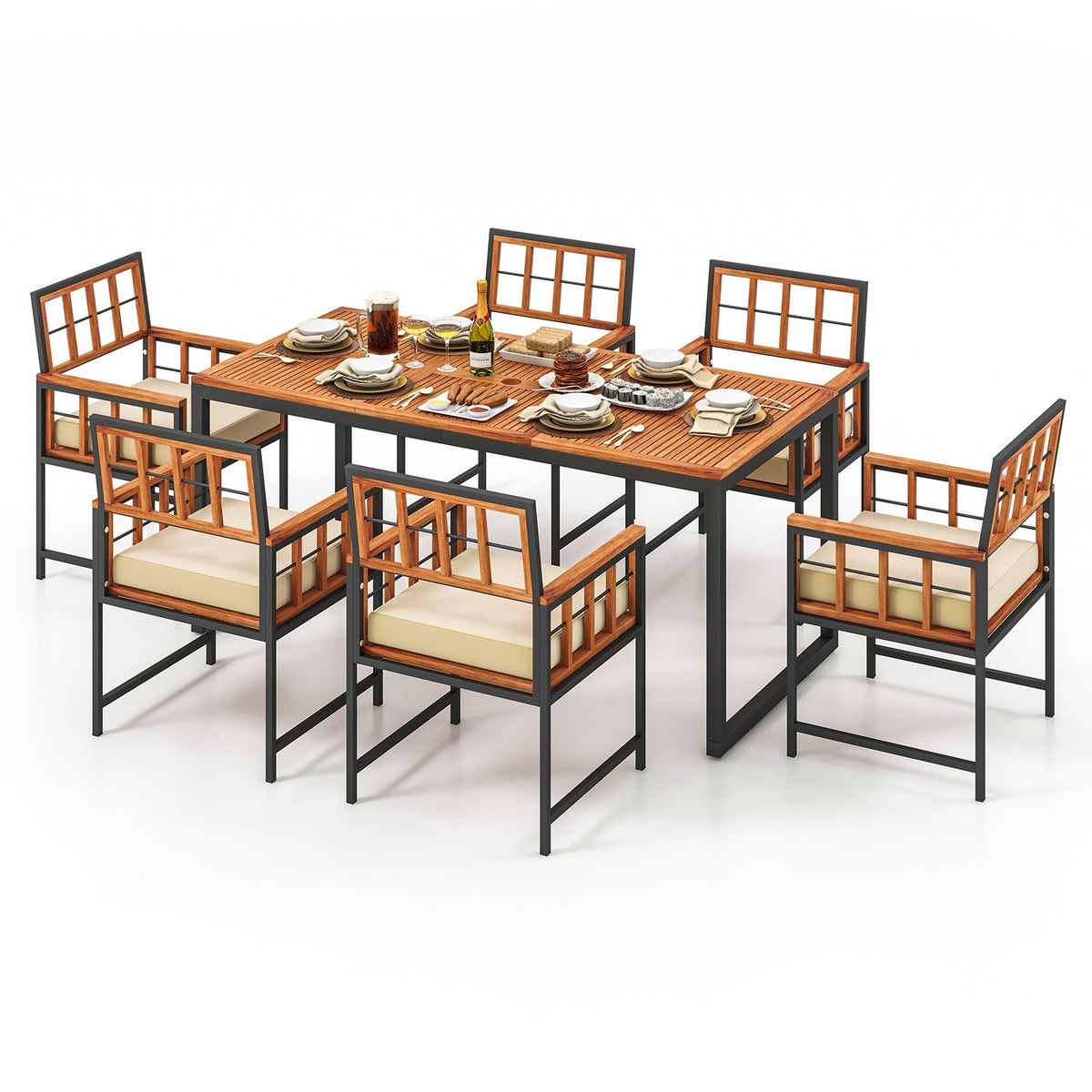 7-Piece Patio Acacia Wood Dining Set with Soft Cushions and Umbrella Hole – Natural