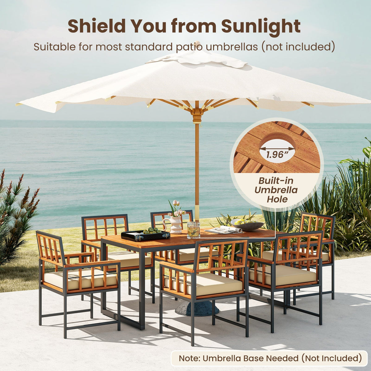 7-Piece Patio Acacia Wood Dining Set with Soft Cushions and Umbrella Hole – Natural