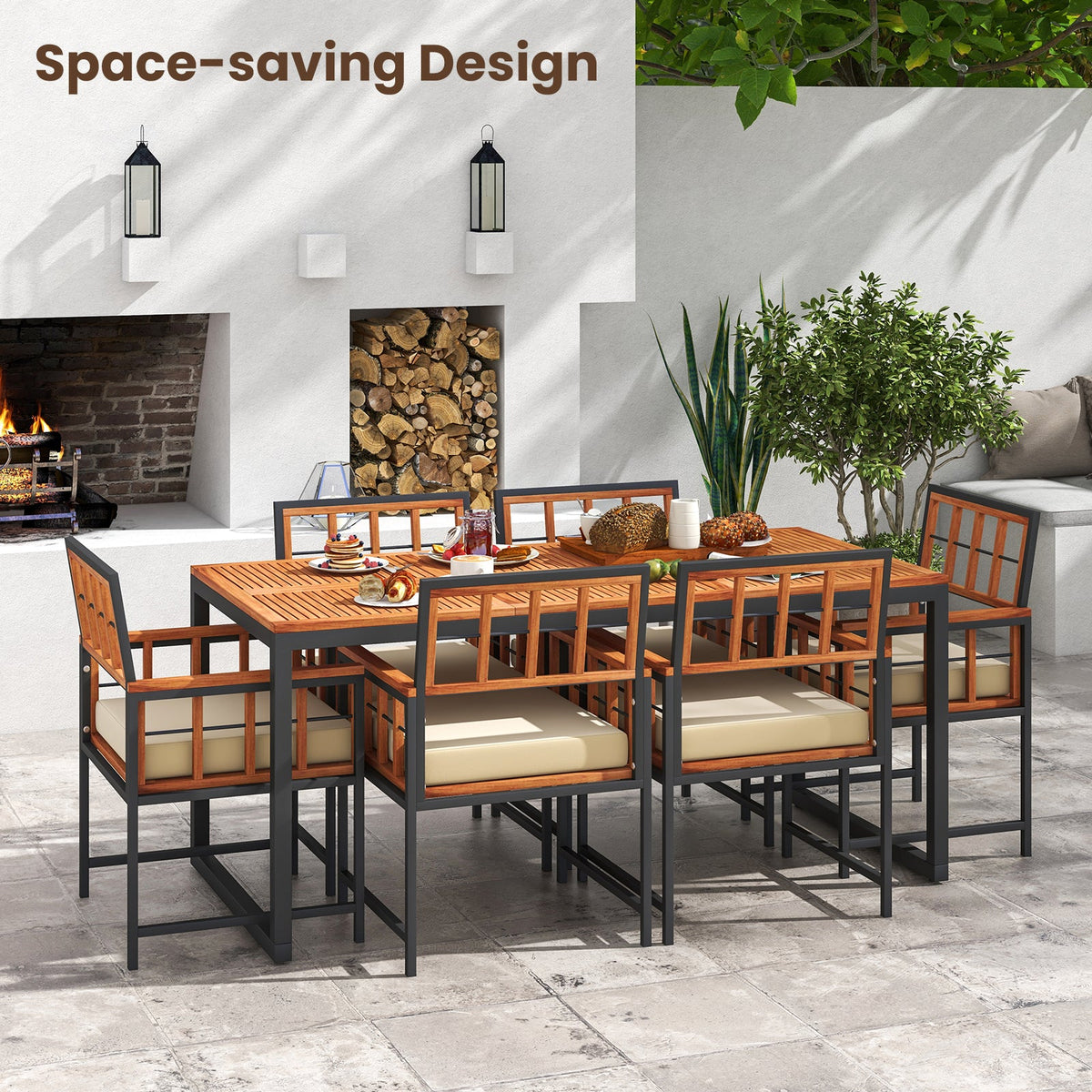 7-Piece Patio Acacia Wood Dining Set with Soft Cushions and Umbrella Hole – Natural