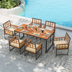 7-Piece Patio Acacia Wood Dining Set with Soft Cushions and Umbrella Hole – Natural