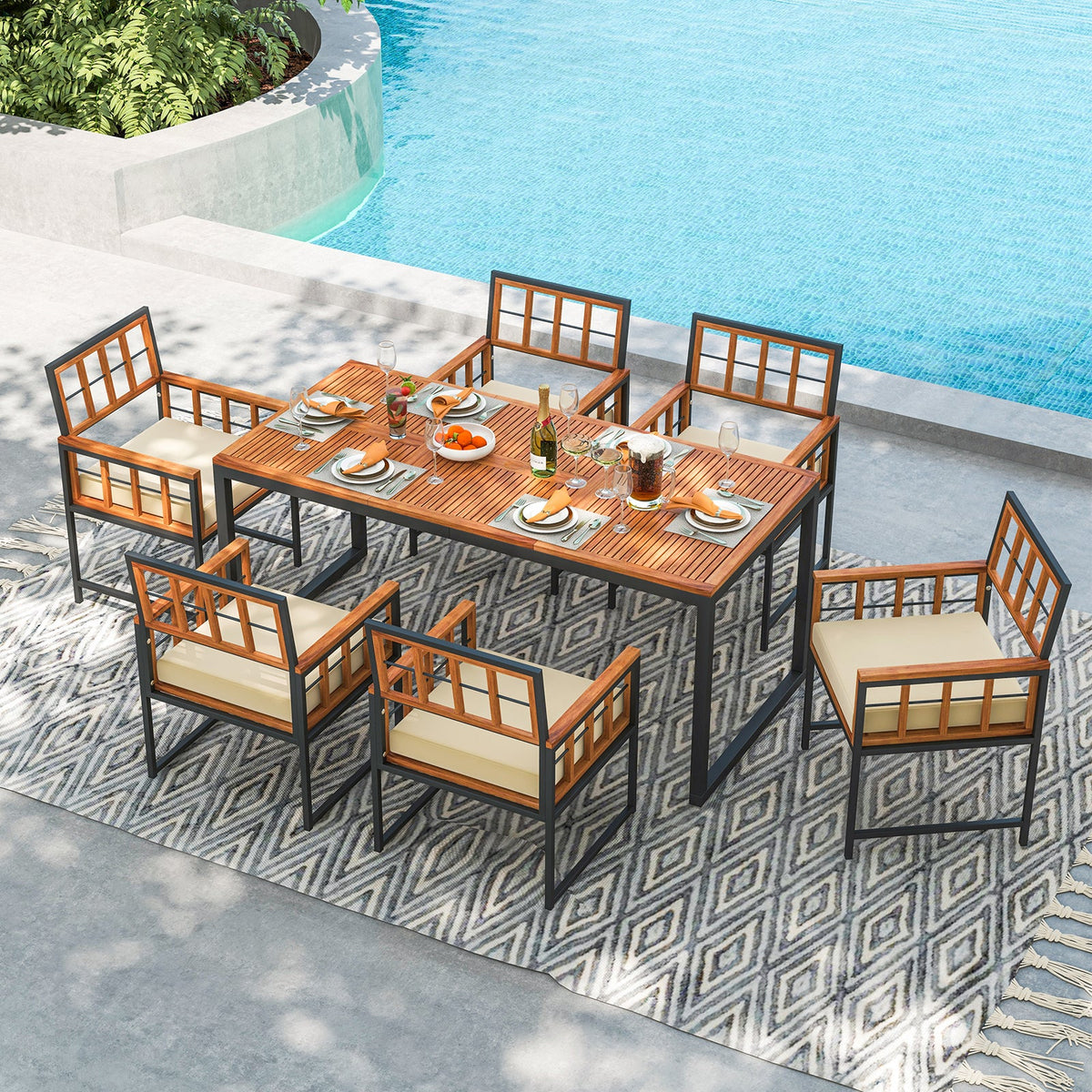 7-Piece Patio Acacia Wood Dining Set with Soft Cushions and Umbrella Hole – Natural