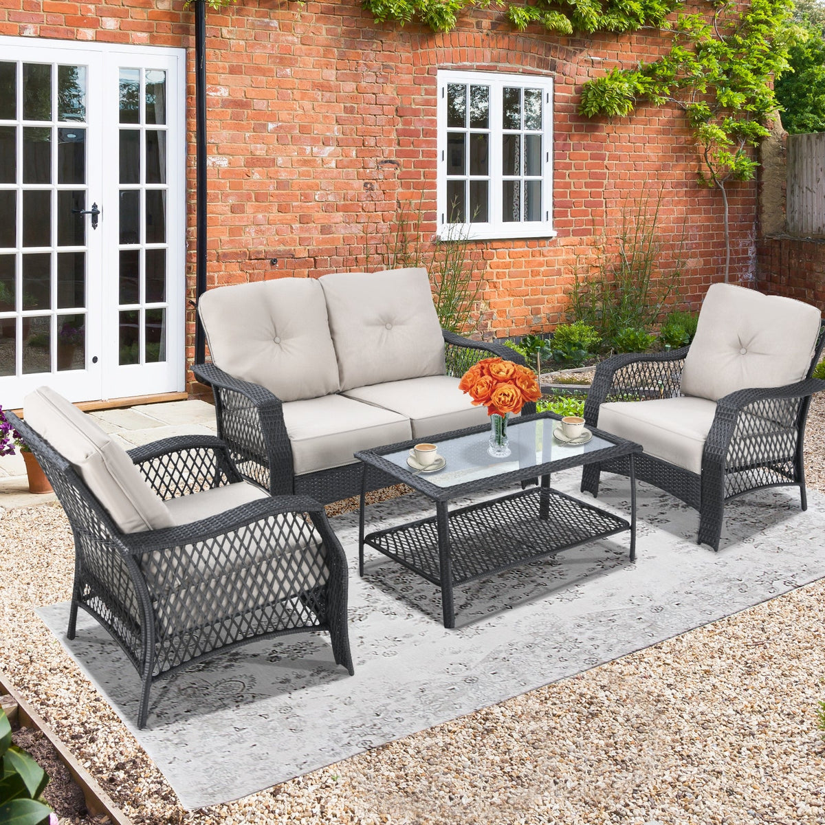 4-Piece Patio Wicker Furniture Set Loveseat Sofa Coffee Table with Cushion – Beige