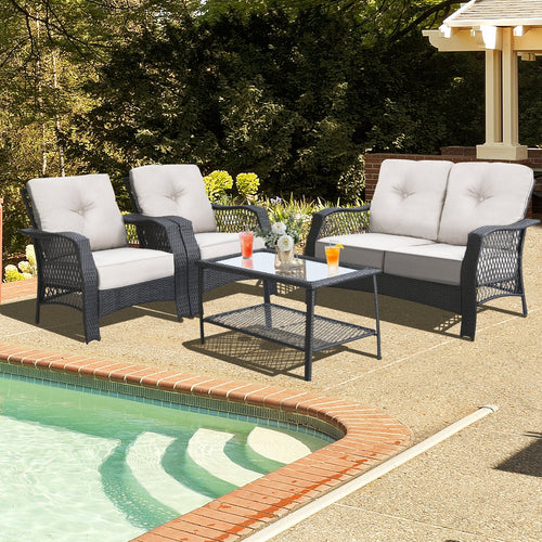 4-Piece Patio Wicker Furniture Set Loveseat Sofa Coffee Table with Cushion – Beige