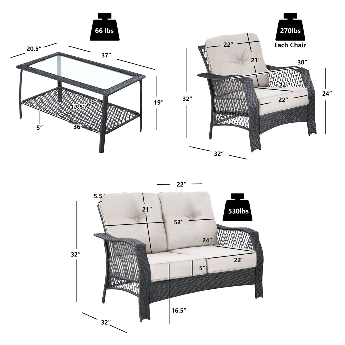 4-Piece Patio Wicker Furniture Set Loveseat Sofa Coffee Table with Cushion – Beige