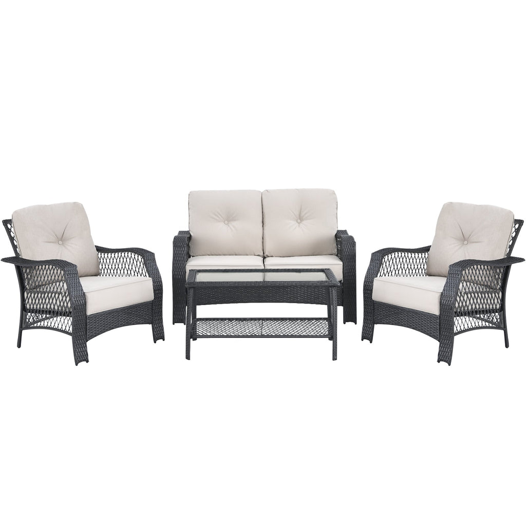 4-Piece Patio Wicker Furniture Set Loveseat Sofa Coffee Table with Cushion – Beige