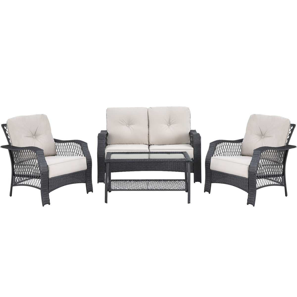 4-Piece Patio Wicker Furniture Set Loveseat Sofa Coffee Table with Cushion – Beige