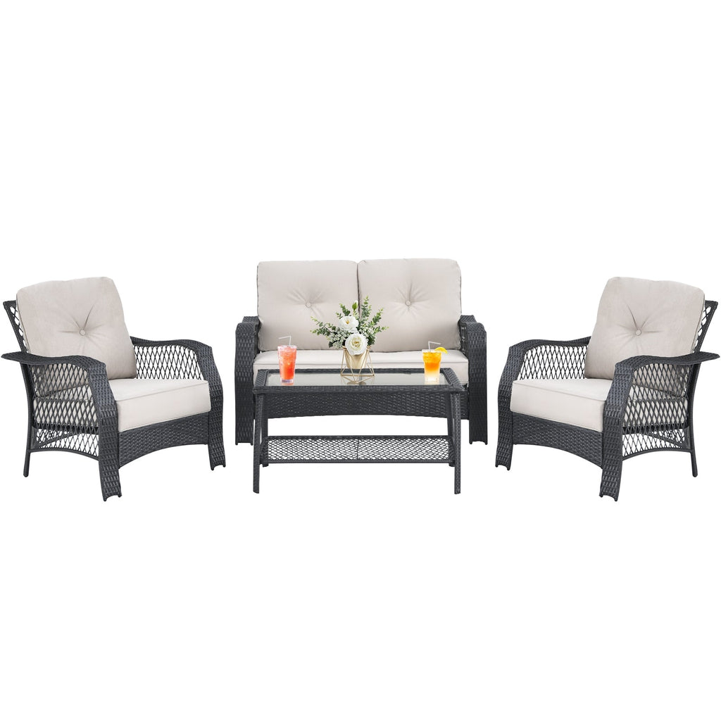 4-Piece Patio Wicker Furniture Set Loveseat Sofa Coffee Table with Cushion – Beige