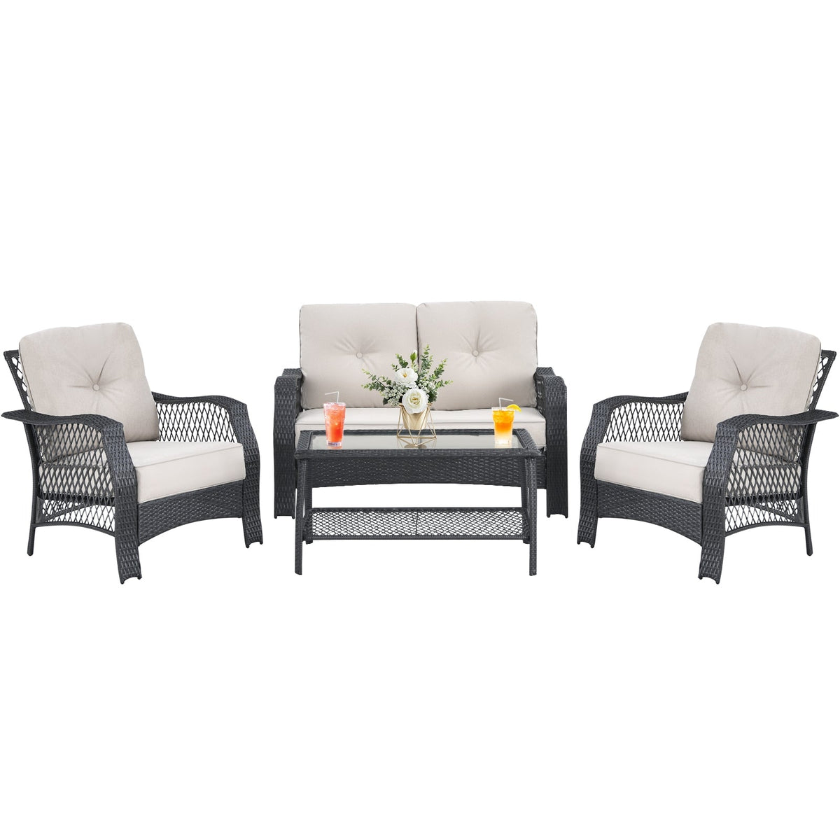 4-Piece Patio Wicker Furniture Set Loveseat Sofa Coffee Table with Cushion – Beige