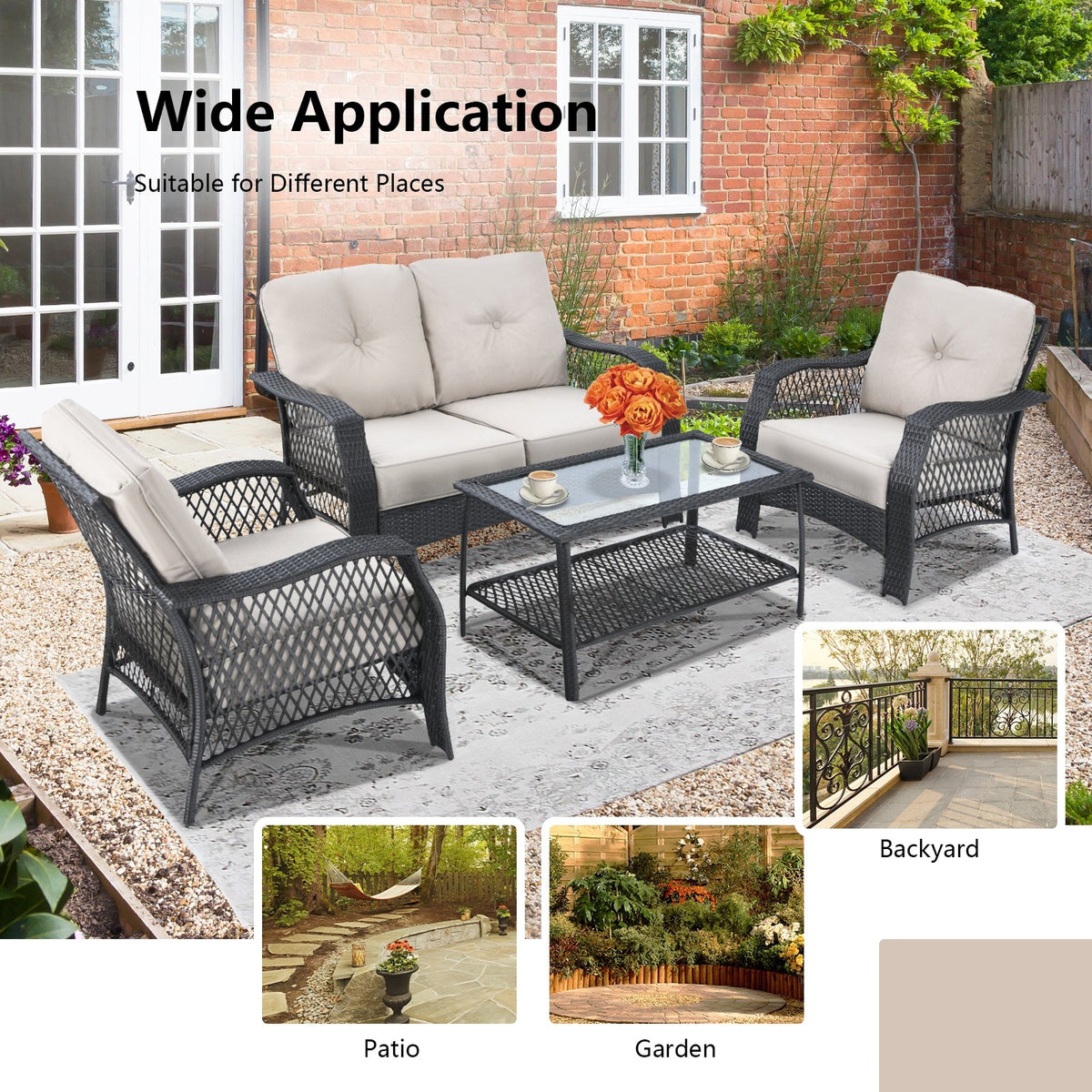 4-Piece Patio Wicker Furniture Set Loveseat Sofa Coffee Table with Cushion – Beige