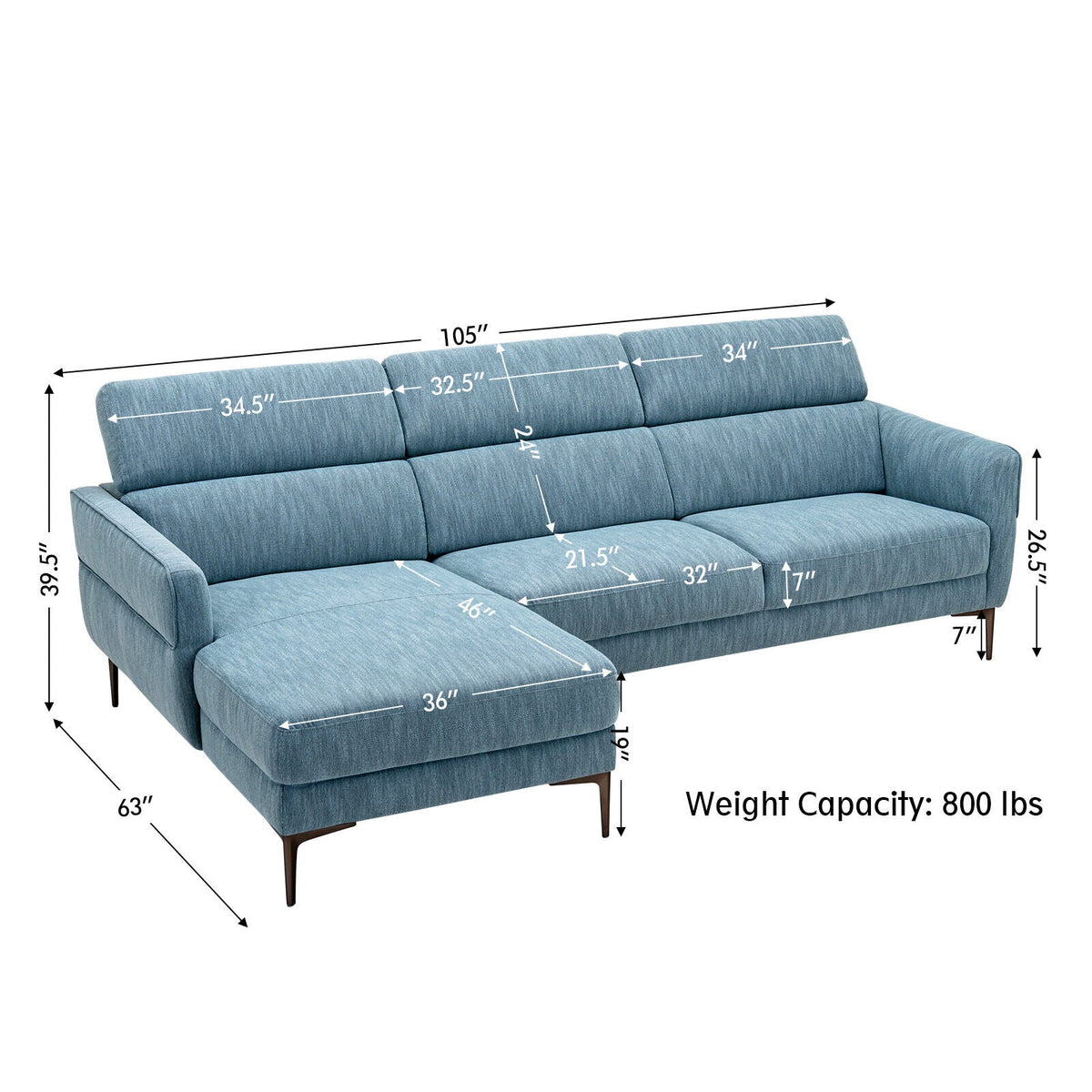 105 Inch L-Shaped Sofa Couch with 3 Adjustable Headrests – Blue