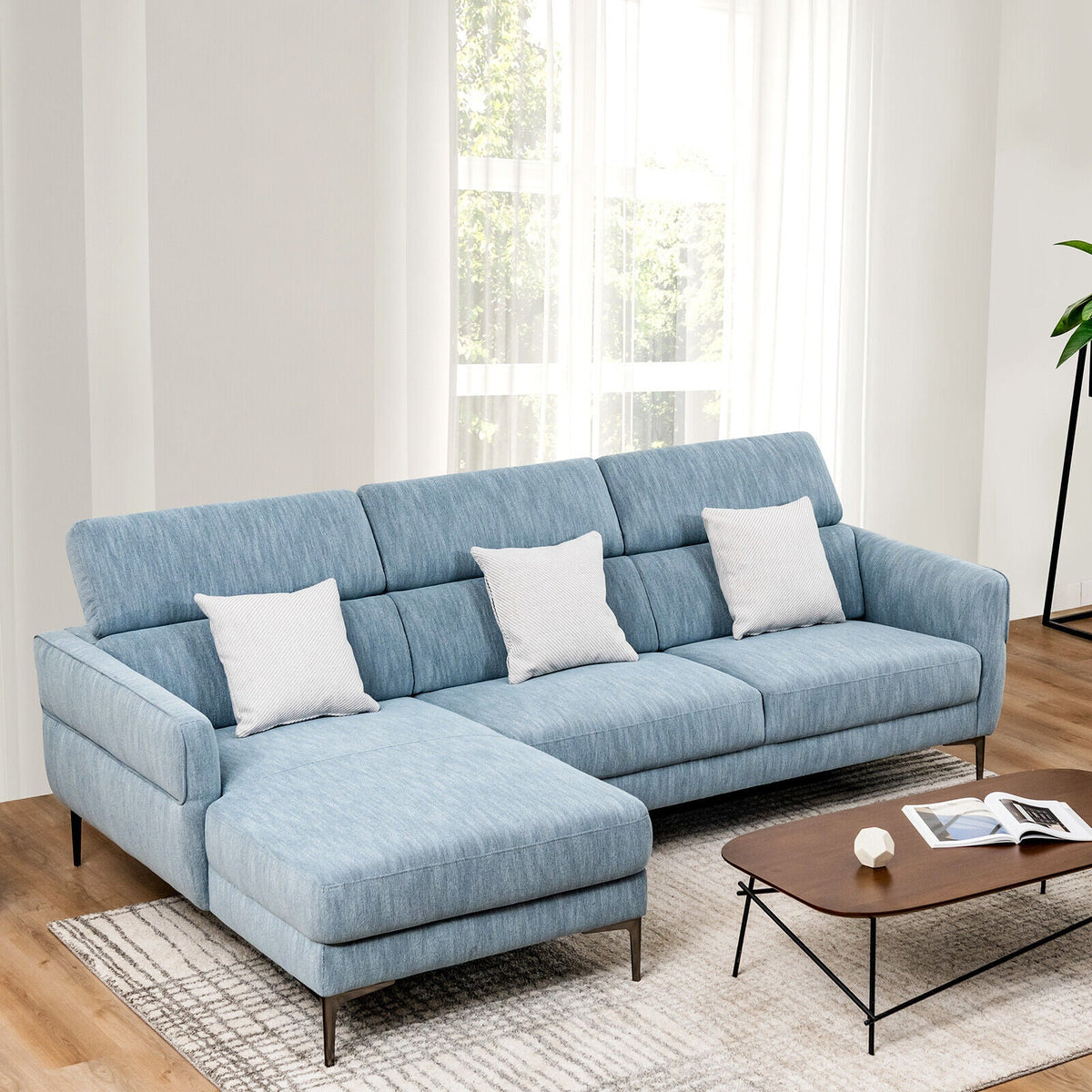 105 Inch L-Shaped Sofa Couch with 3 Adjustable Headrests – Blue