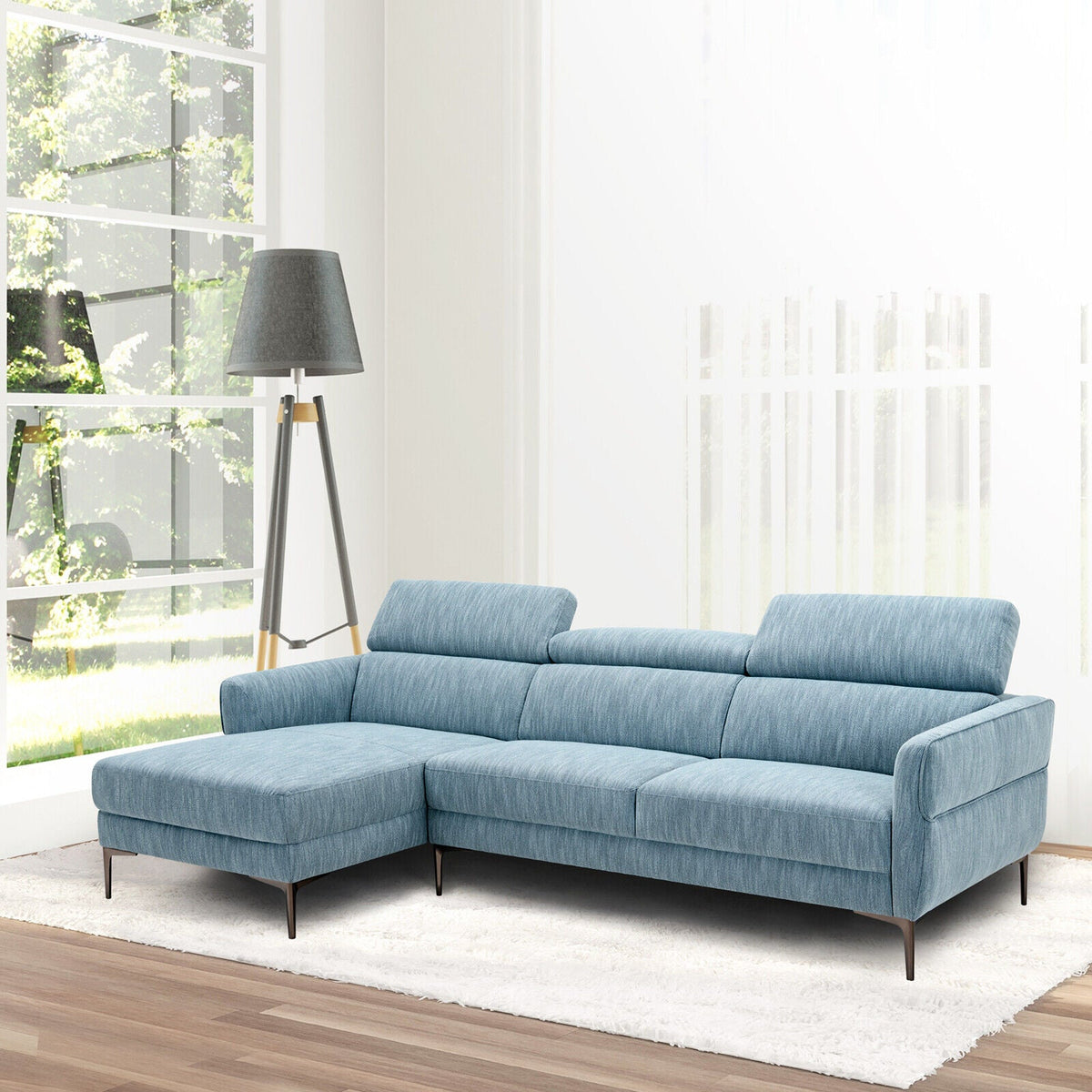 105 Inch L-Shaped Sofa Couch with 3 Adjustable Headrests – Blue