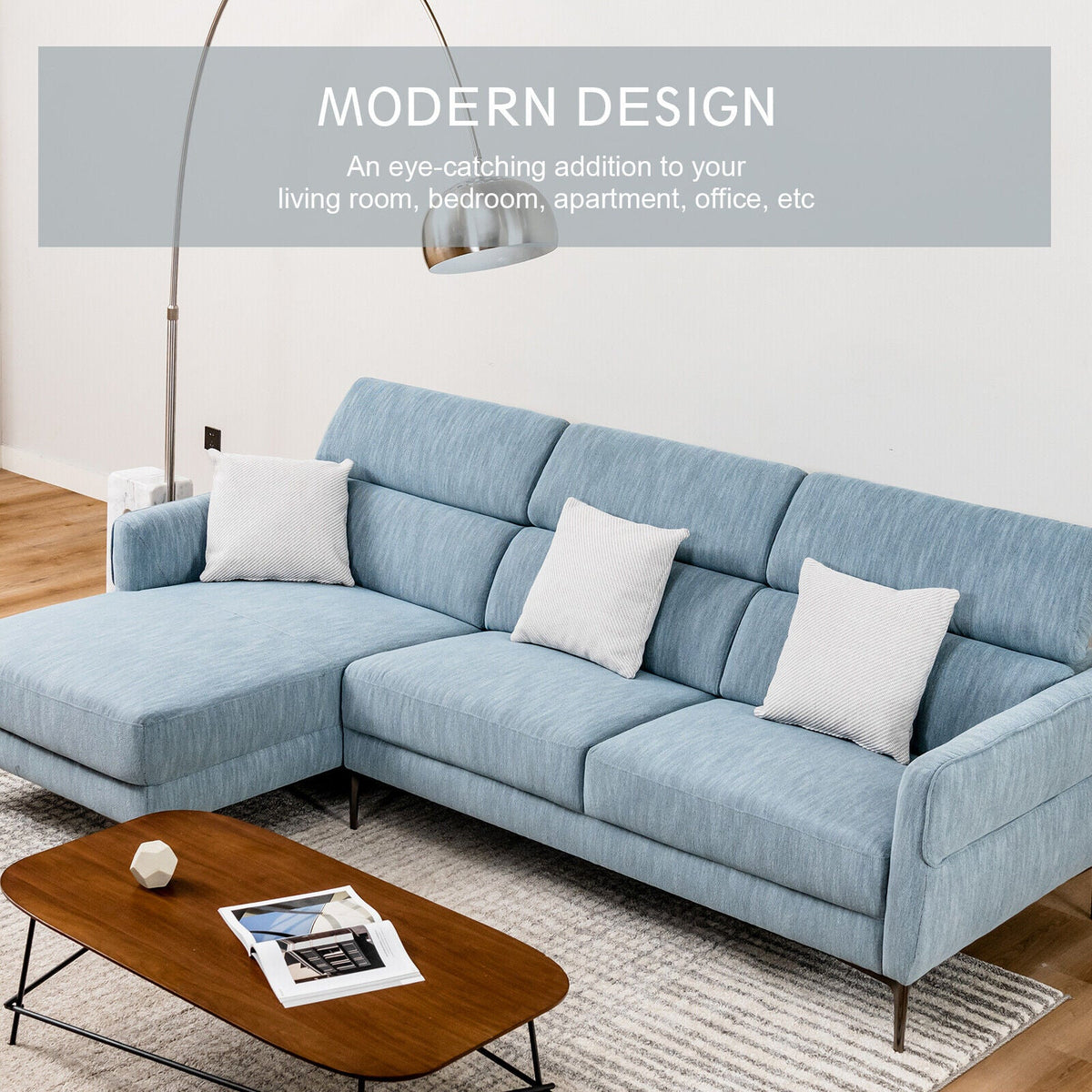 105 Inch L-Shaped Sofa Couch with 3 Adjustable Headrests – Blue
