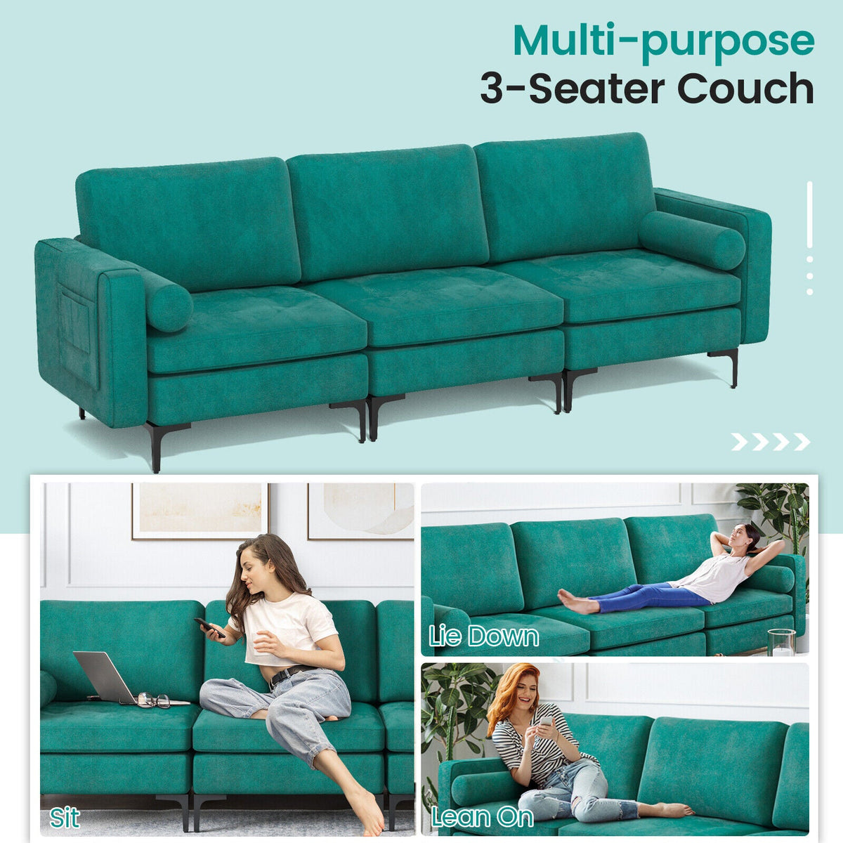 Modular 1/2/3/4-Seat L-Shaped Sectional Sofa Couch with Socket USB Port-3 – Seat with USB port