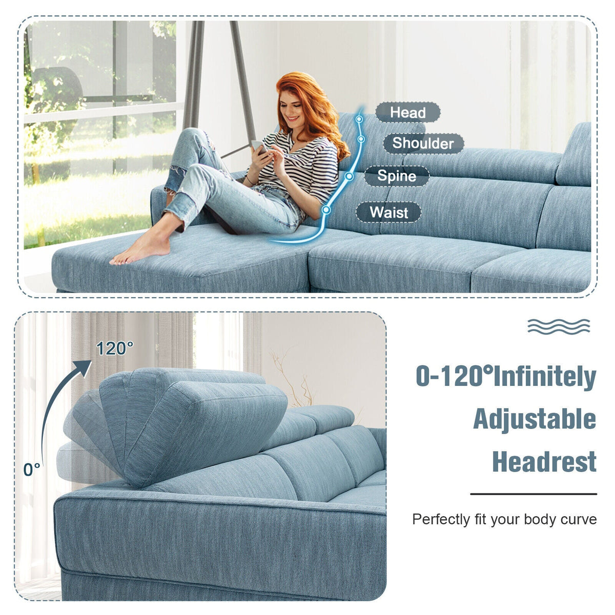 105 Inch L-Shaped Sofa Couch with 3 Adjustable Headrests – Blue